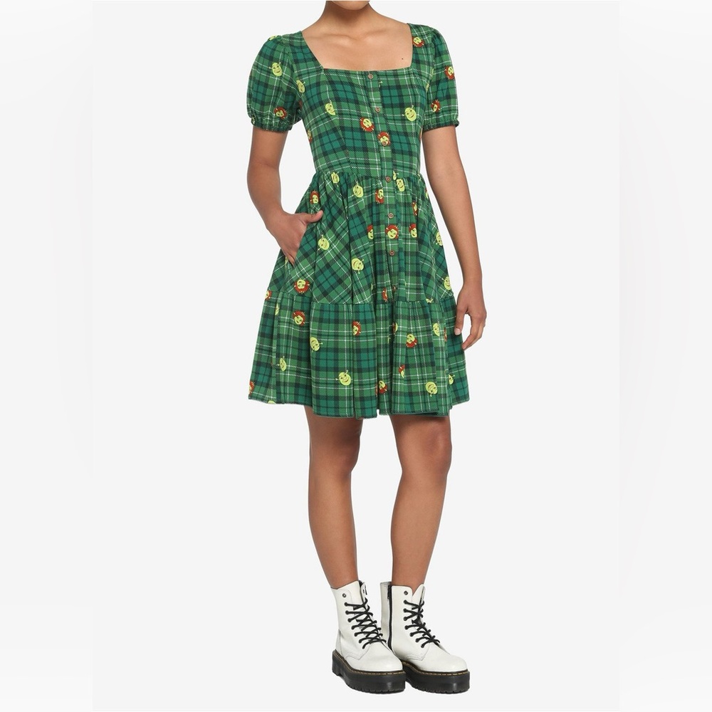 Shrek and  Fiona Green Plaid Tiered Skater Dress - Size XS